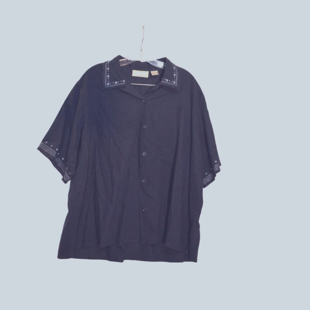 STUDIO WORKS Woman Linen-Rayon Navy Blue Button-Down Shirt Embroidery 2X